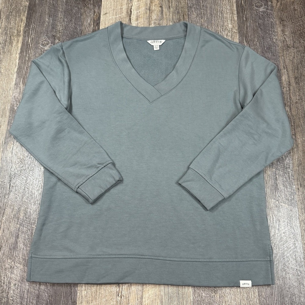 Orvis Womens V Neck Sweatshirt Medium Green Modal Blend Stretch‎ Pullover Casual